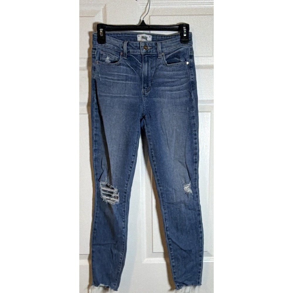 PAIGE Women's 26 Blue Medium Wash Denim Hoxton Ankle Slim Distressed Stretch